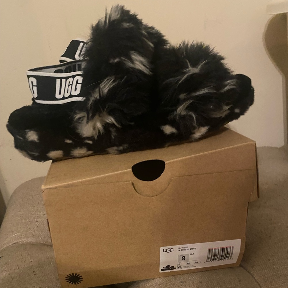 UGG Fluffy Black and White Slippers